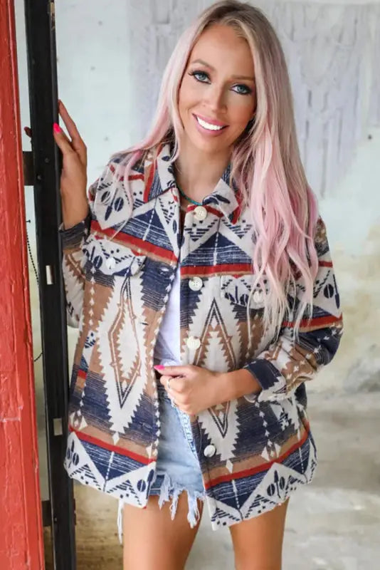 Multicolor aztec print button-up oversized jacket - jackets