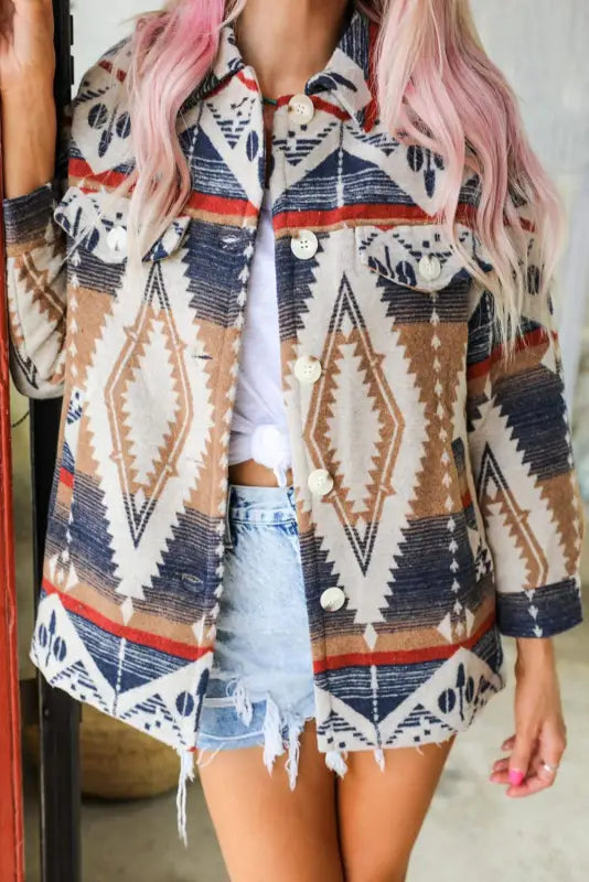 Multicolor aztec print button-up oversized jacket - s / 100% polyester - jackets