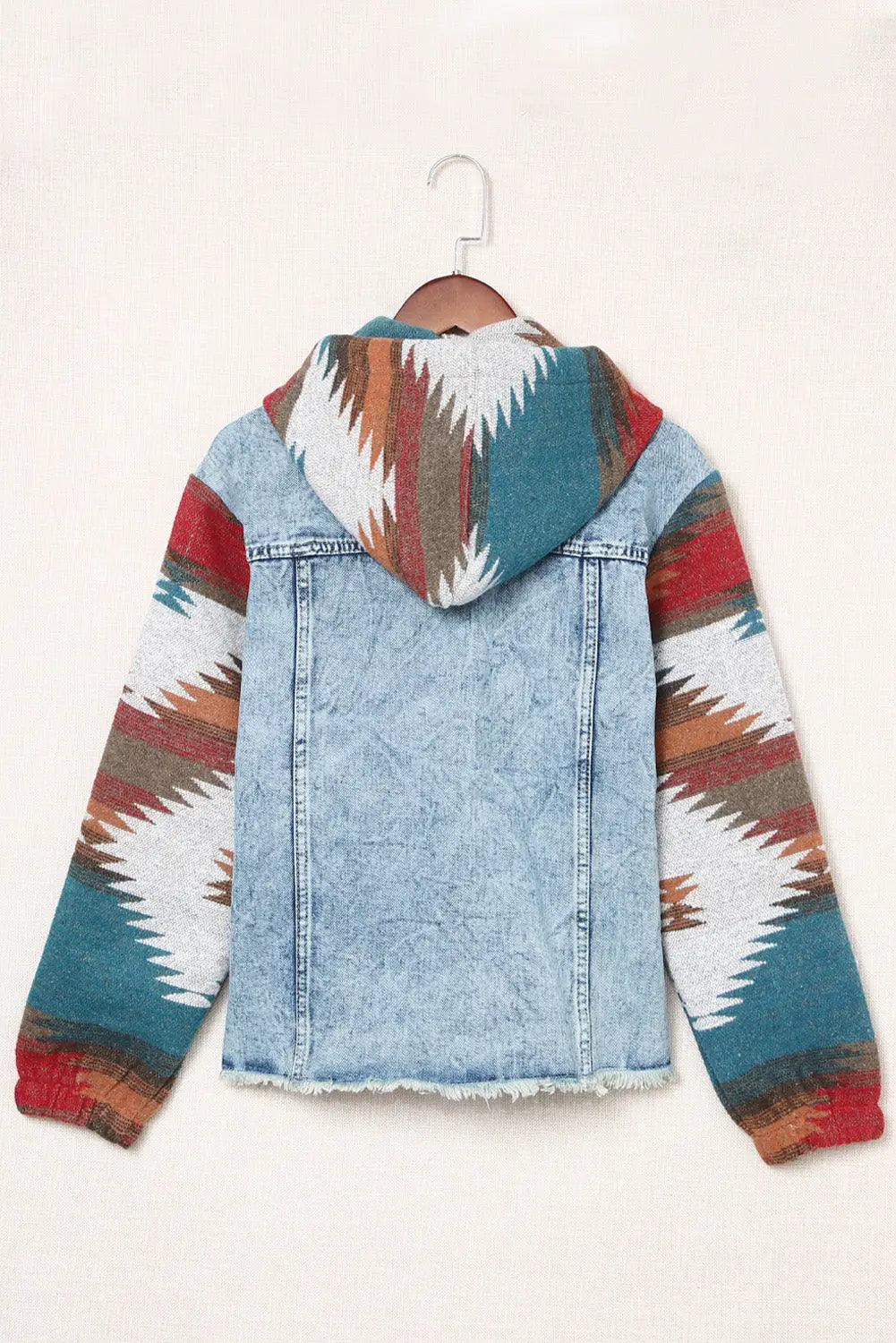 Multicolor aztec print frayed hem denim jacket - jackets