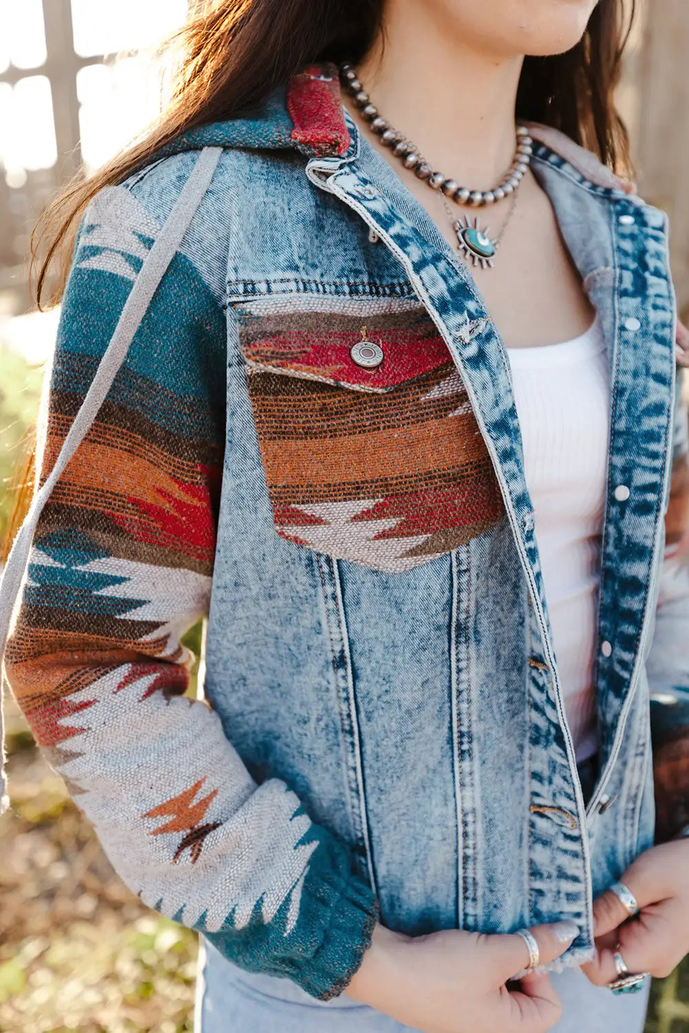 Multicolor aztec print frayed hem denim jacket - jackets