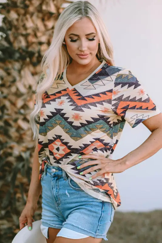 Multicolor aztec print v neck long sleeve top - tops