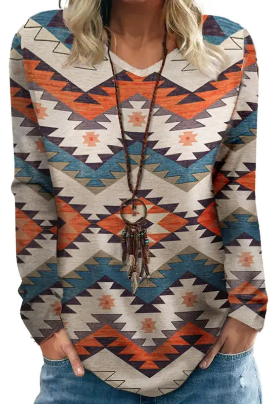 Multicolor aztec print v neck long sleeve top - tops