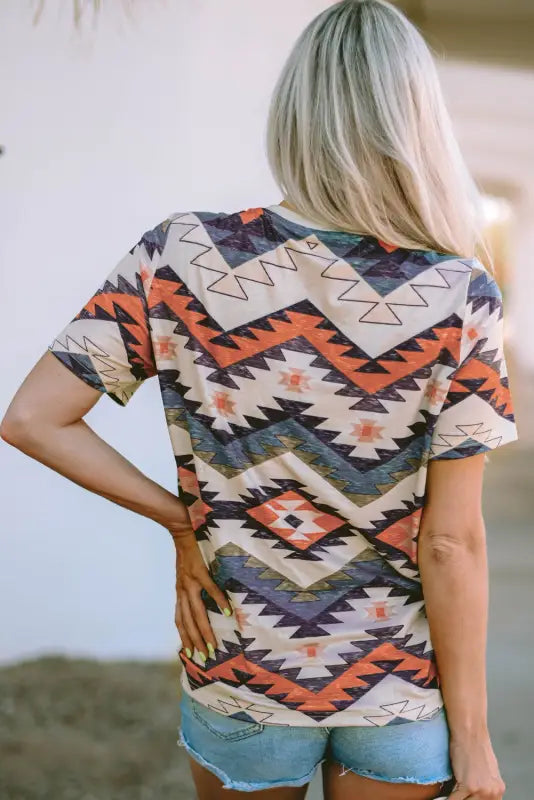 Multicolor aztec print v neck long sleeve top - tops