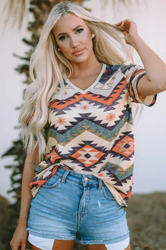 Multicolor aztec print v neck long sleeve top - tops