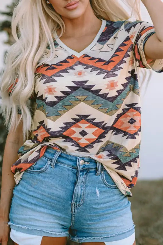 Multicolor aztec print v neck long sleeve top - tops