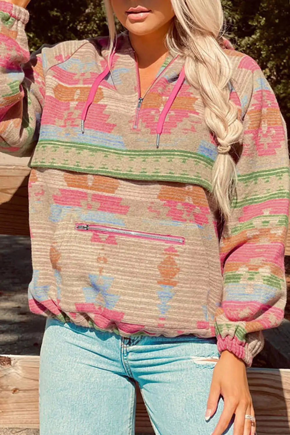 Multicolor aztec printed kangaroo pocket zipped hoodie - s / 100% polyester - sweatshirts & hoodies