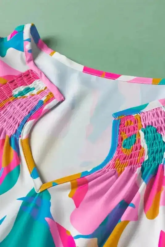 Multicolor Blouse - Abstract Print Notched Neck Flutter Sleeve - Fashionfitz