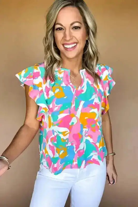Multicolor Blouse - Abstract Print Notched Neck Flutter Sleeve - Fashionfitz