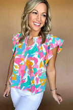 Multicolor Blouse - Abstract Print Notched Neck Flutter Sleeve - Fashionfitz