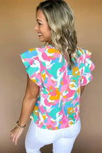 Multicolor Blouse - Abstract Print Notched Neck Flutter Sleeve - Fashionfitz