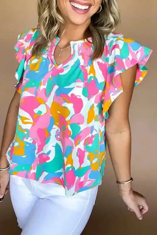 Multicolor Blouse - Abstract Print Notched Neck Flutter Sleeve - Fashionfitz