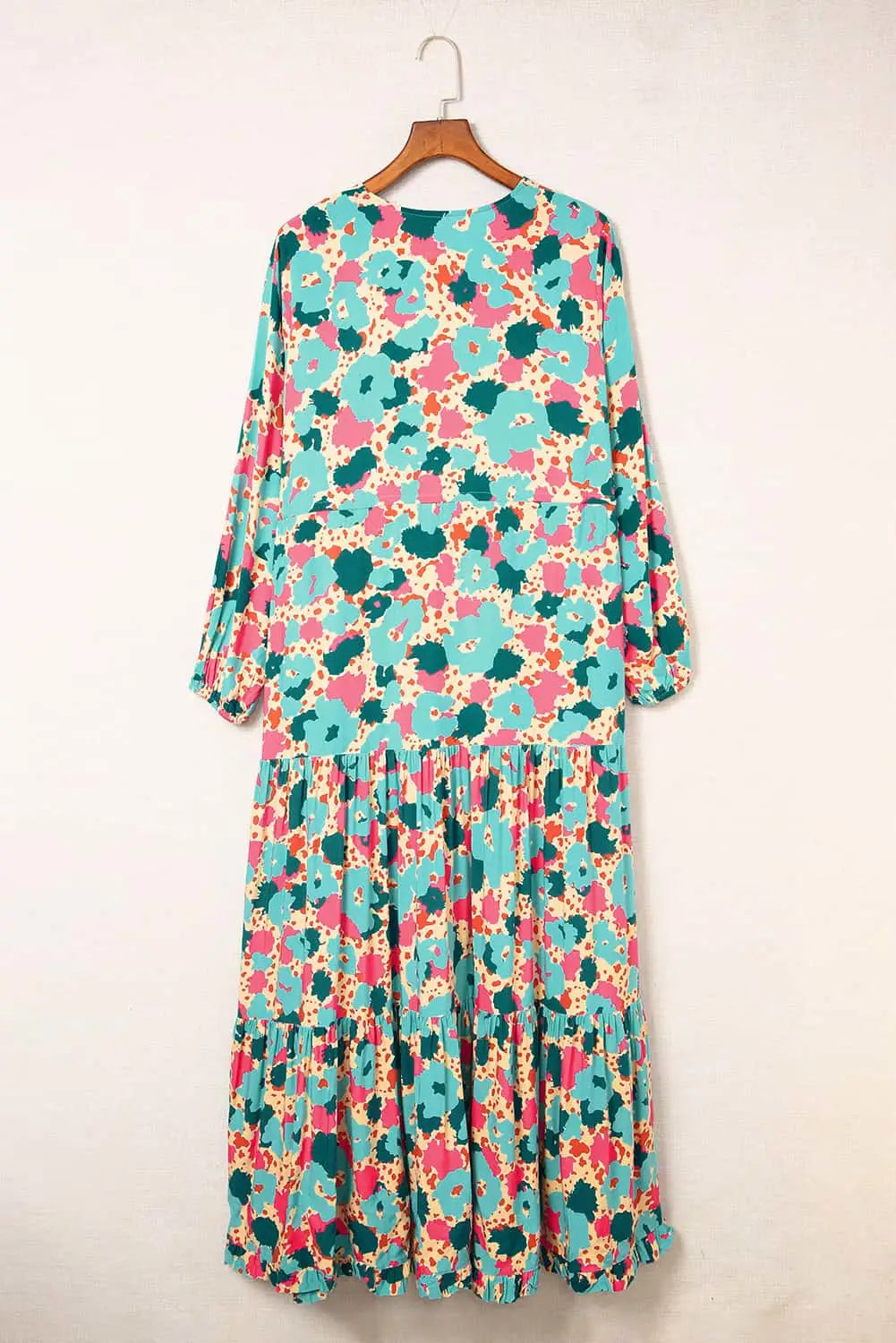 Multicolor bohemia print v neck ruffle long sleeve maxi dress - dresses