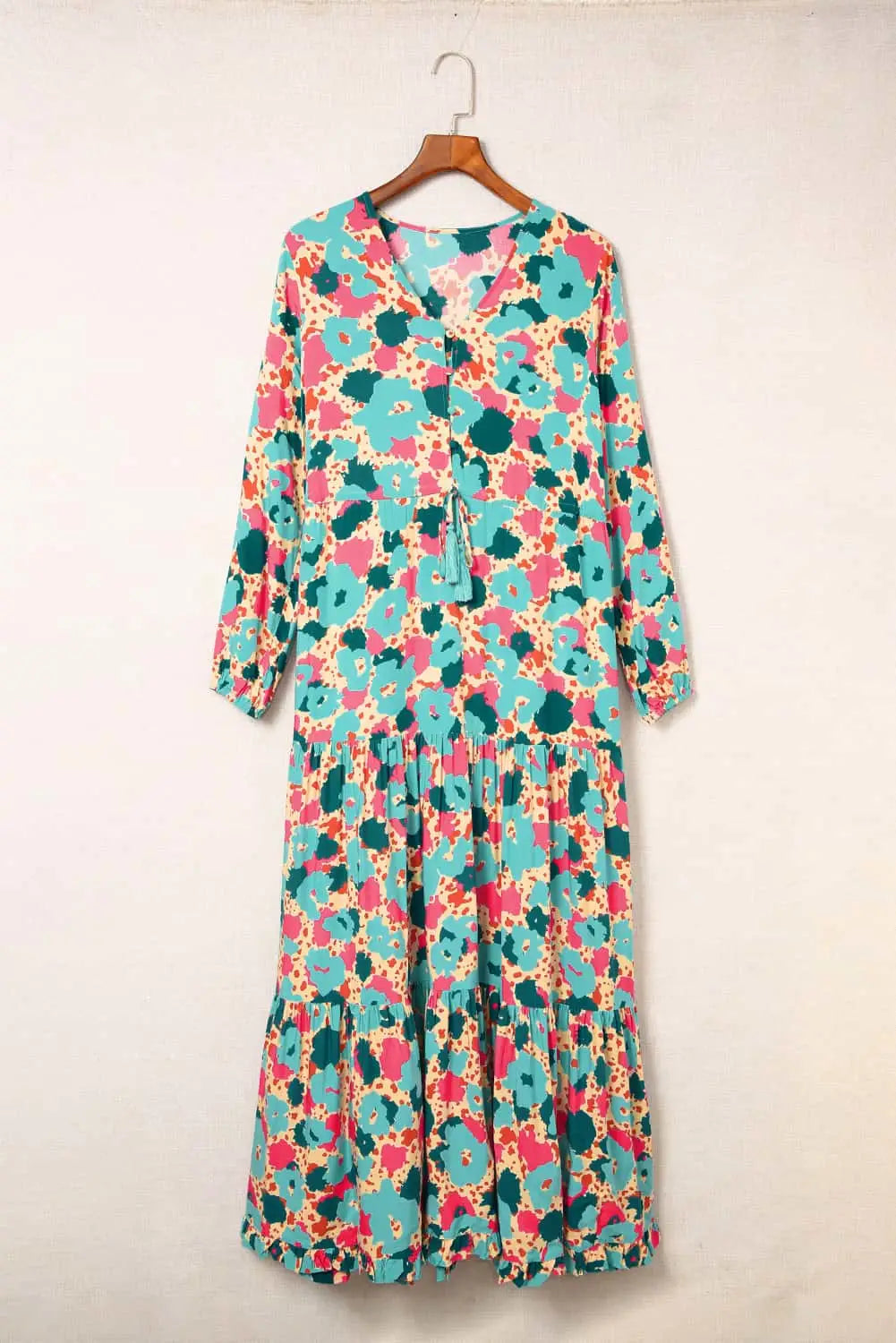 Multicolor bohemia print v neck ruffle long sleeve maxi dress - dresses