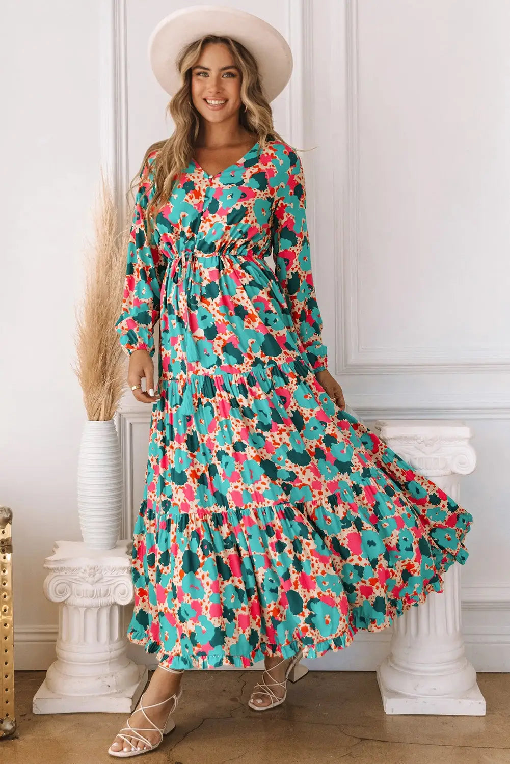 Multicolor bohemia print v neck ruffle long sleeve maxi dress - s / 100% viscose - dresses