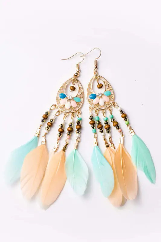 Multicolor bohemian hollow - out feather tassel earrings