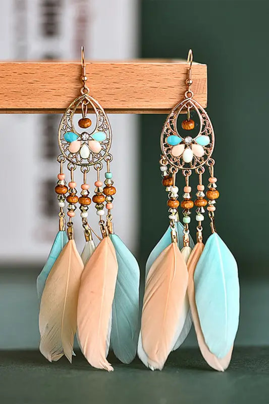 Multicolor bohemian hollow - out feather tassel earrings