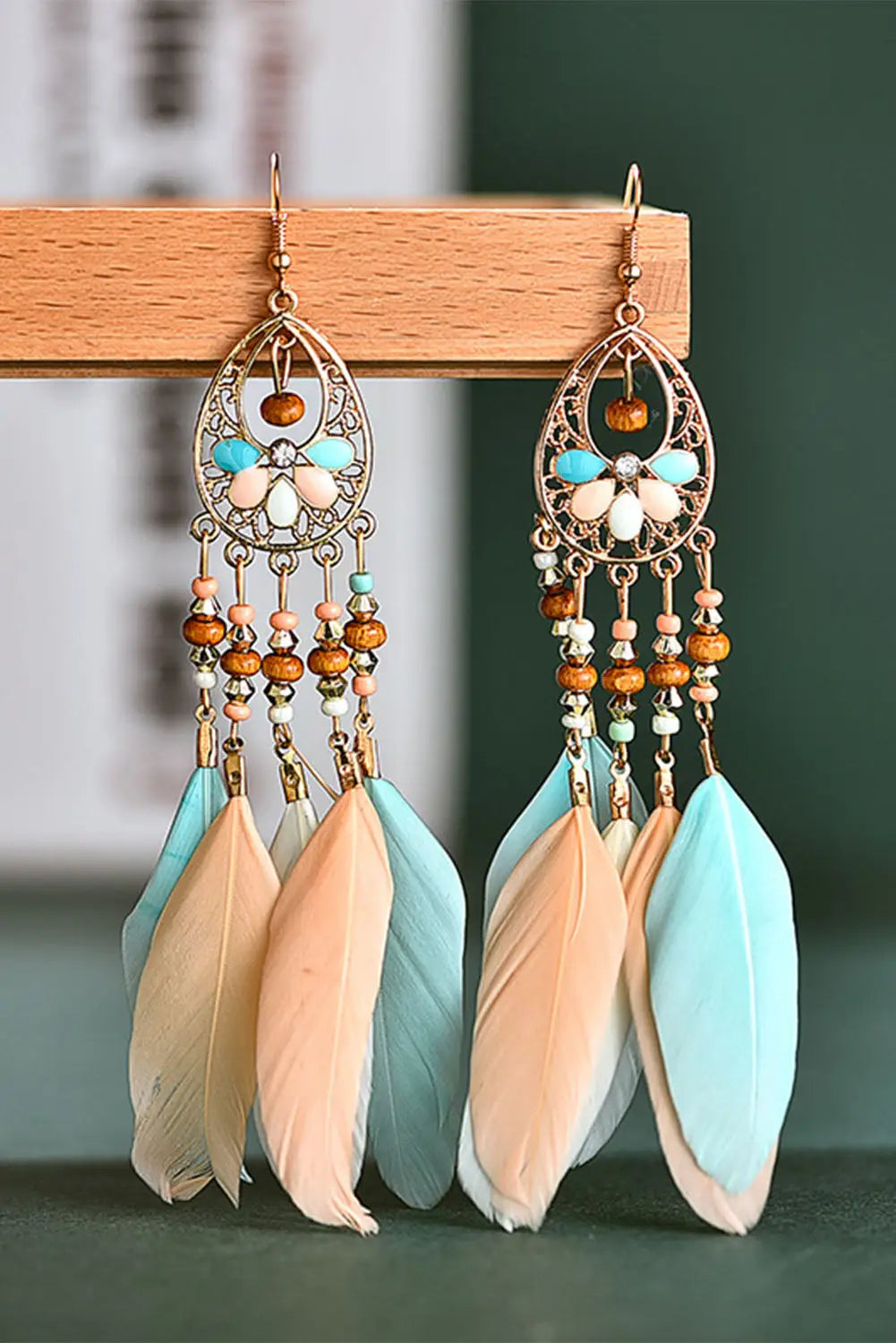 Multicolor bohemian hollow-out feather tassel earrings - one size