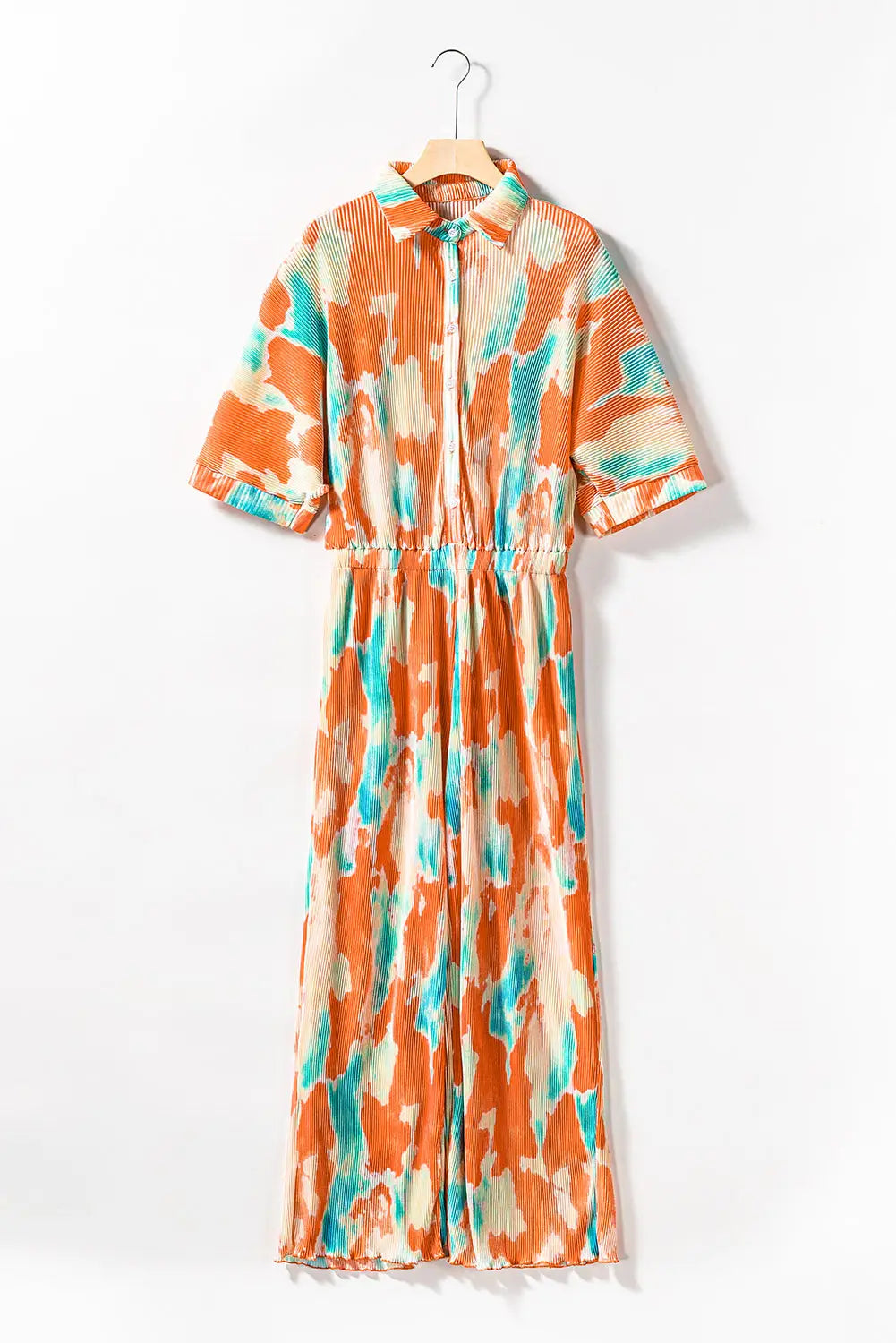 Multicolor bohemian tie dye pleated shirt collar loose jumpsuit - jumpsuits & rompers