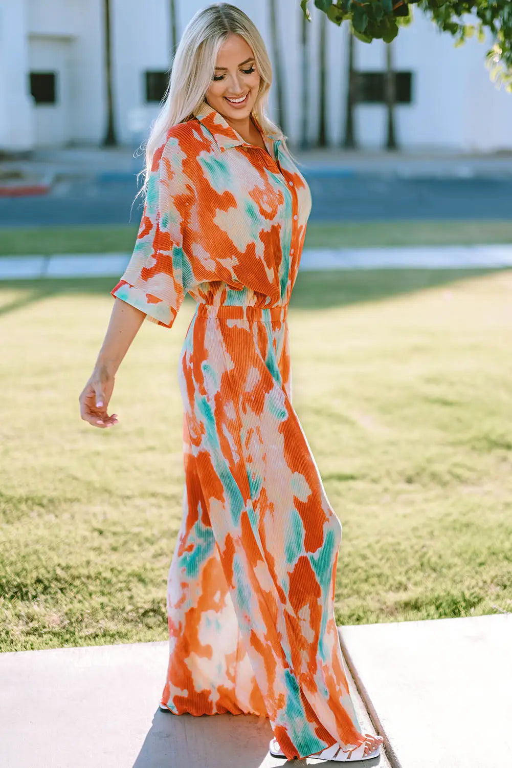 Multicolor bohemian tie dye pleated shirt collar loose jumpsuit - jumpsuits & rompers
