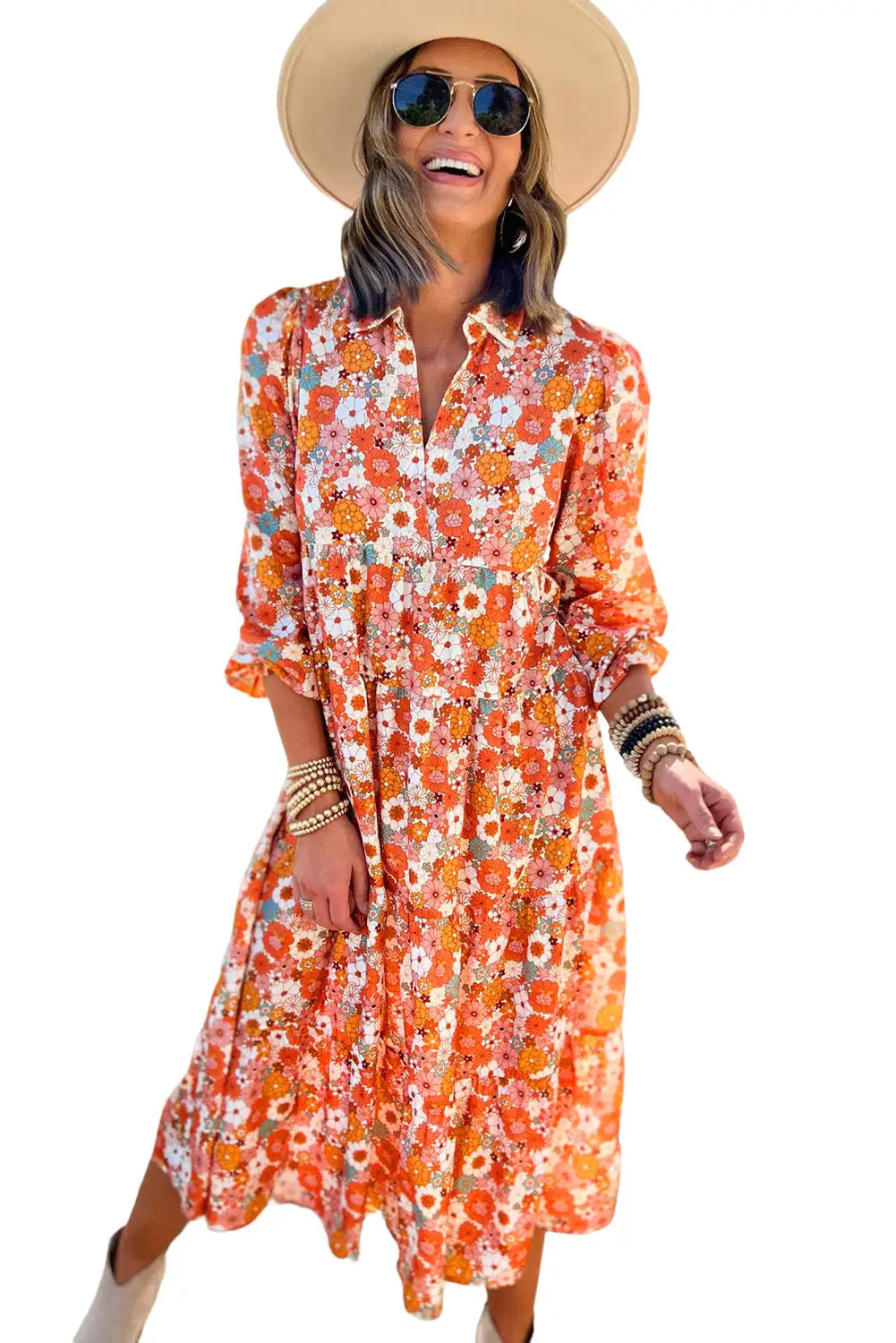 Multicolor boho floral collared long sleeve ruffled dress - dresses