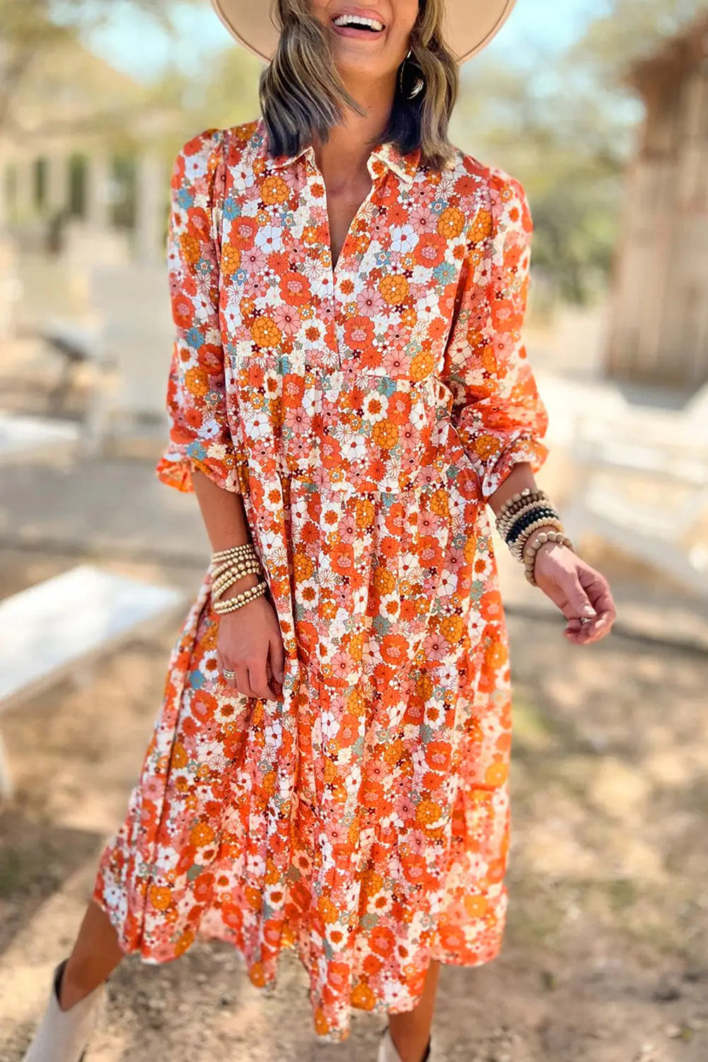 Multicolor boho floral collared long sleeve ruffled dress - s / 100% polyester - dresses
