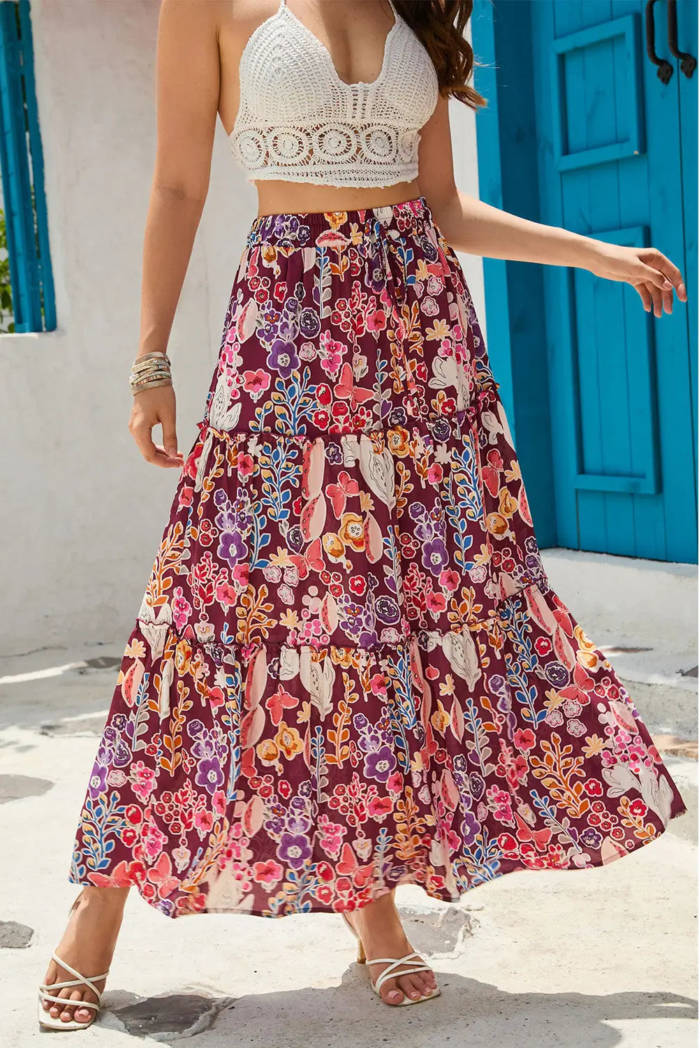 Multicolor boho floral print high waist maxi skirt - skirts