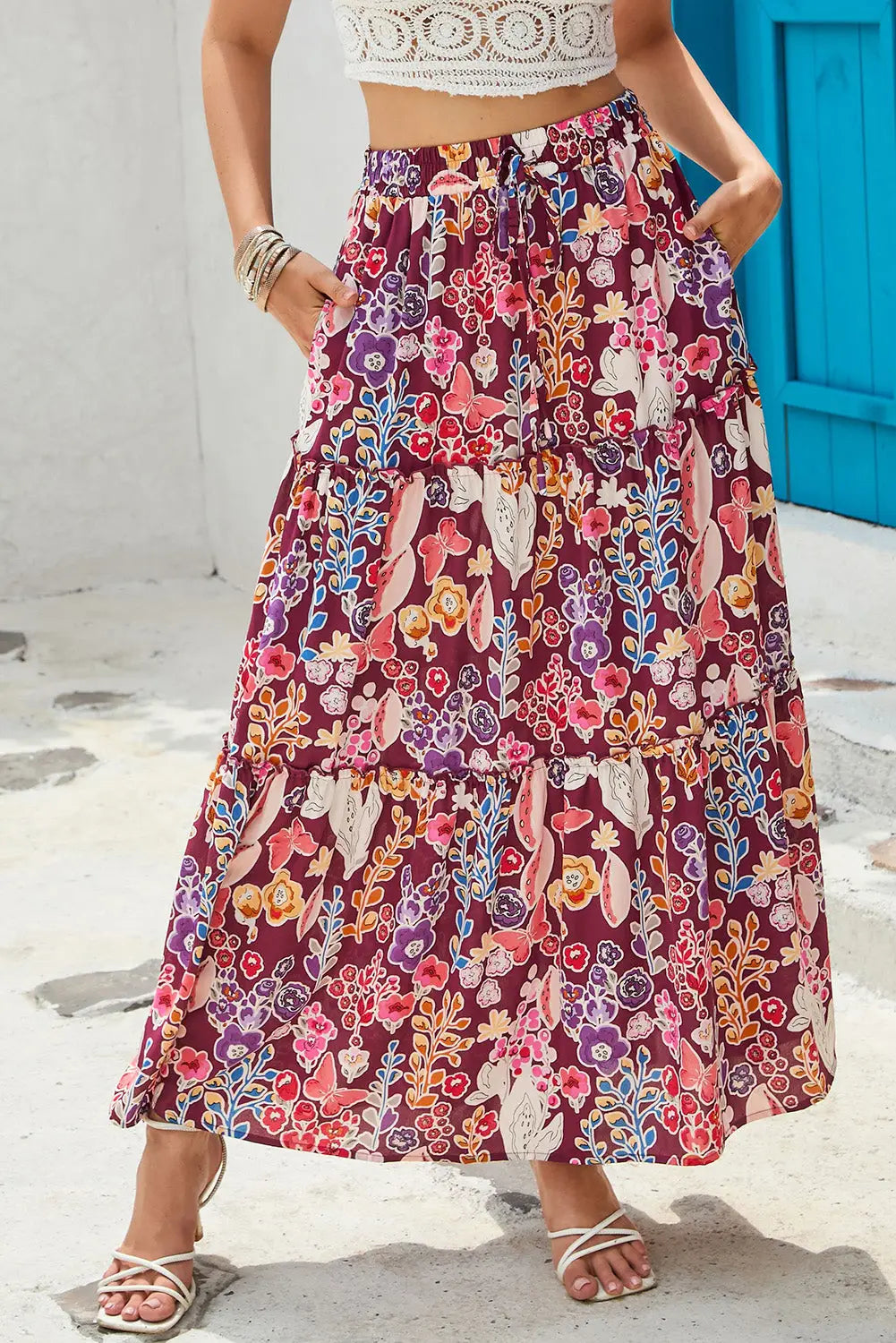 Multicolor boho floral print high waist maxi skirt - s / 100% polyester - skirts