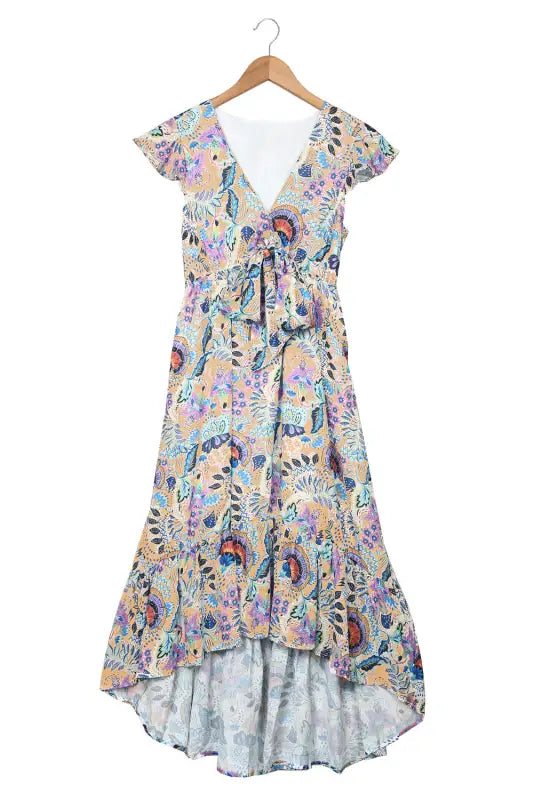 Multicolor boho floral print self-tie high waist long dress - xl / 100% polyester - maxi dresses