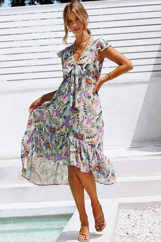 Multicolor boho floral print self-tie high waist long dress - xl / 100% polyester - maxi dresses