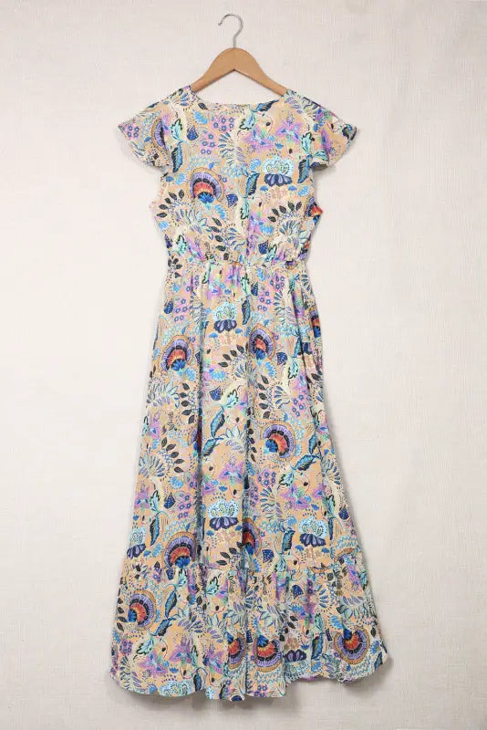 Multicolor boho floral print self-tie high waist long dress - xl / 100% polyester - maxi dresses