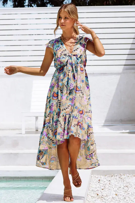 Multicolor boho floral print self-tie high waist long dress - xl / 100% polyester - maxi dresses