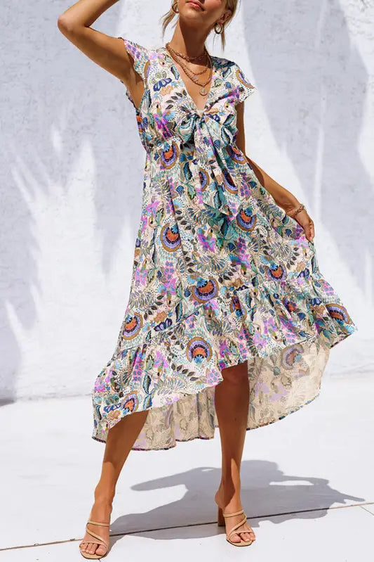 Multicolor boho floral print self-tie high waist long dress - xl / 100% polyester - maxi dresses