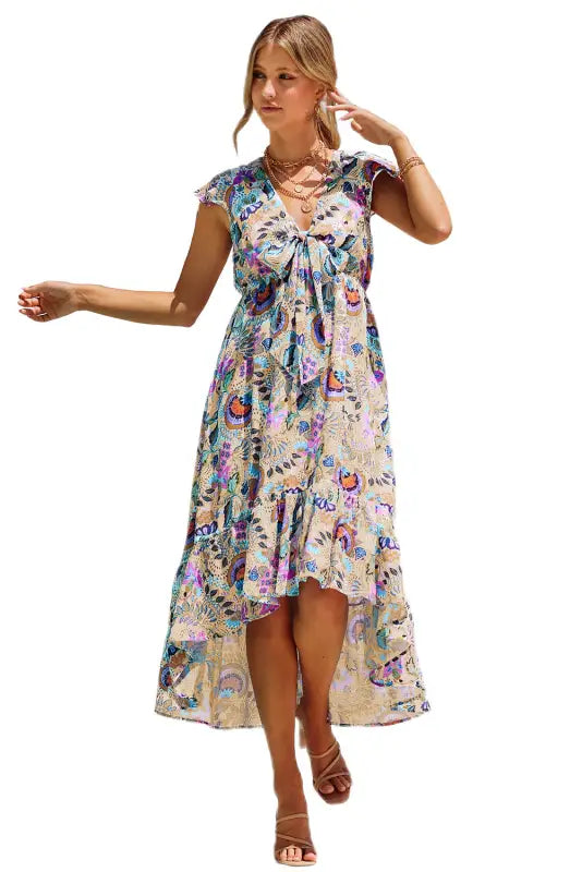 Multicolor boho floral print self-tie high waist long dress - xl / 100% polyester - maxi dresses