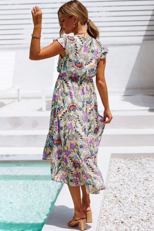 Multicolor boho floral print self-tie high waist long dress - xl / 100% polyester - maxi dresses