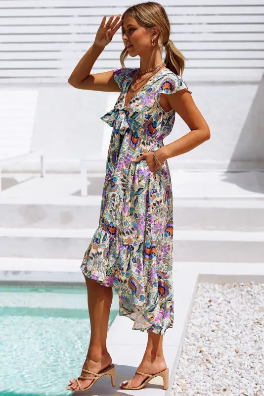 Multicolor boho floral print self-tie high waist long dress - xl / 100% polyester - maxi dresses