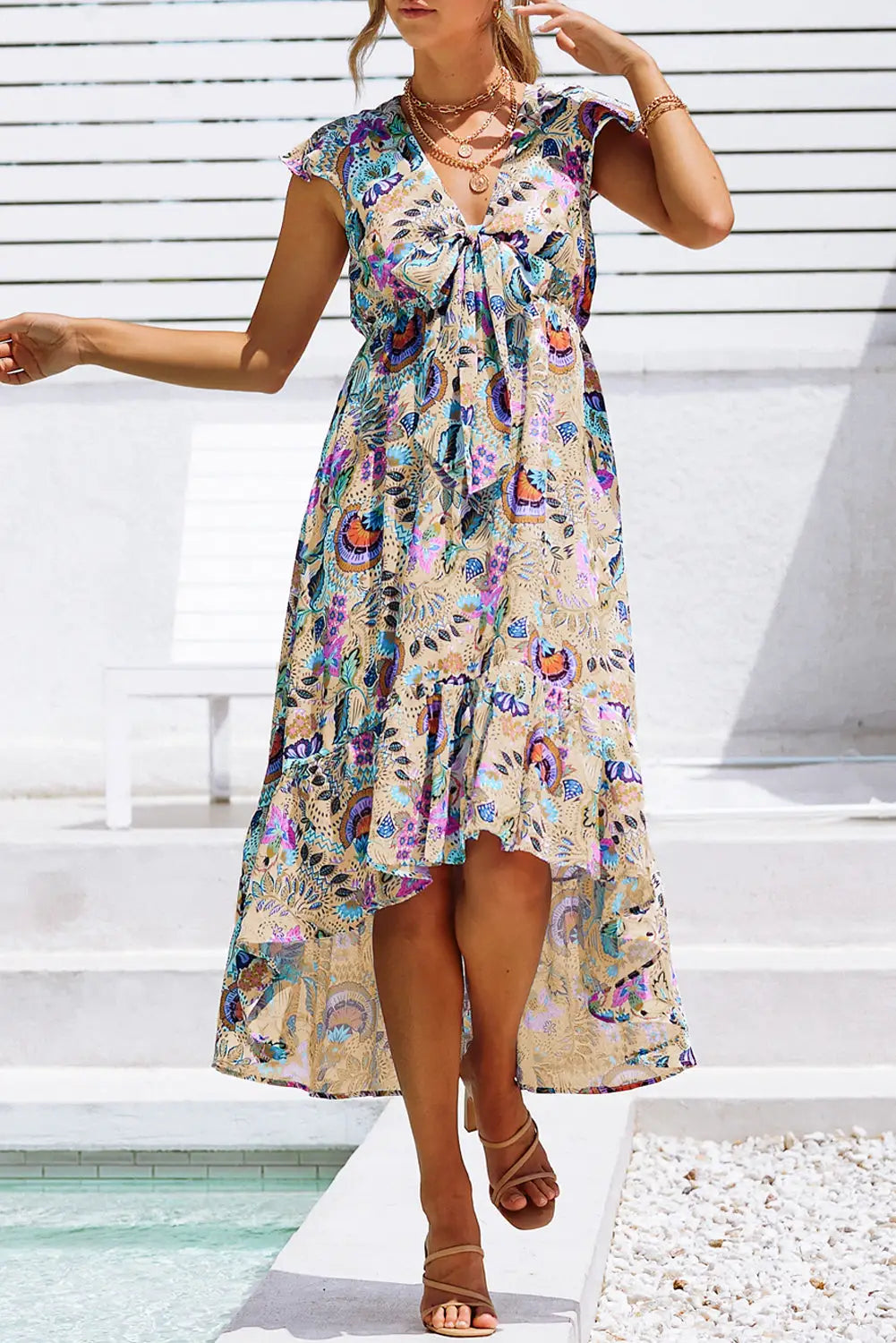 Multicolor boho floral print self-tie high waist long dress - xl / 100% polyester - maxi dresses