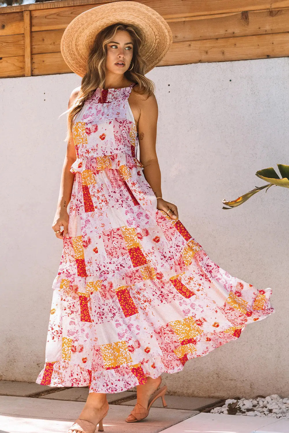 Multicolor boho geometric floral print sleeveless maxi dress - dresses