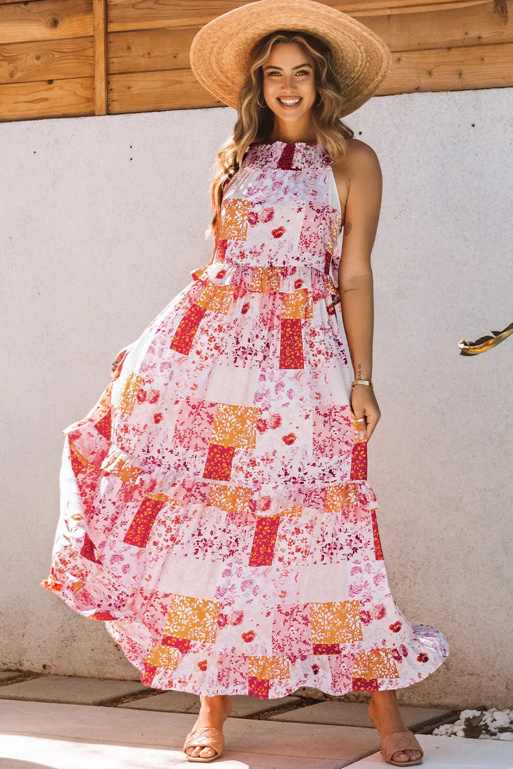 Multicolor boho geometric floral print sleeveless maxi dress - s / 100% polyester - dresses
