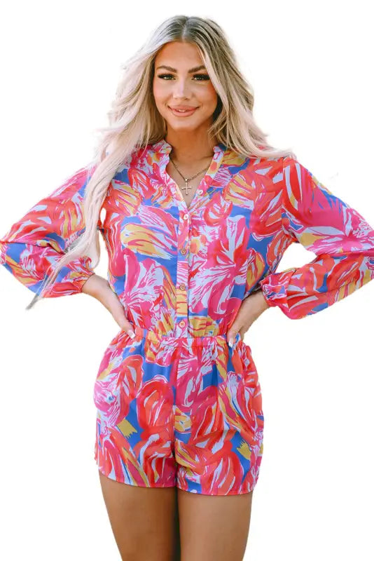 Multicolor bold graffiti print shirt button romper - bottoms