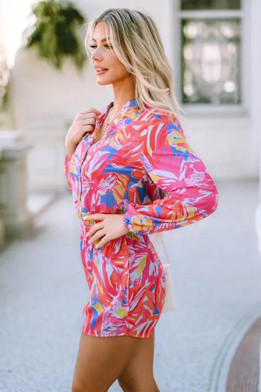 Multicolor bold graffiti print shirt button romper - bottoms