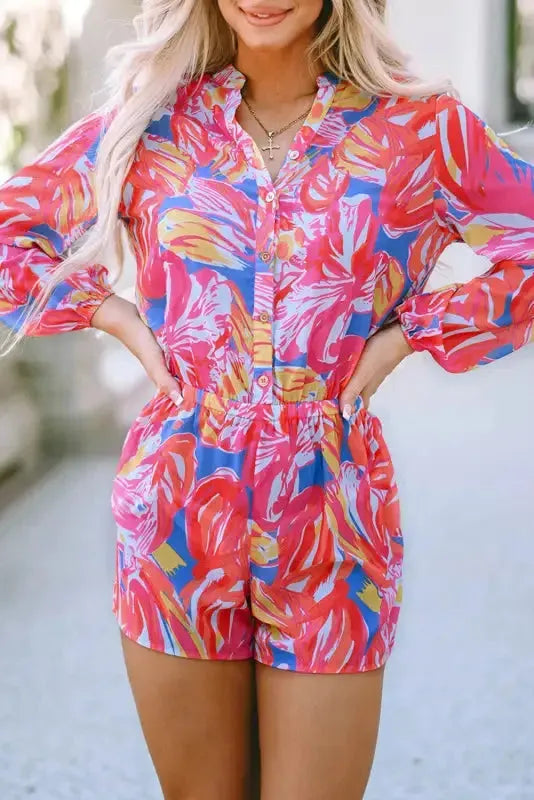 Multicolor Bold Graffiti Print Shirt Button Romper - Fashionfitz