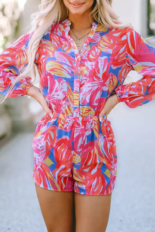 Multicolor bold graffiti print shirt button romper - bottoms