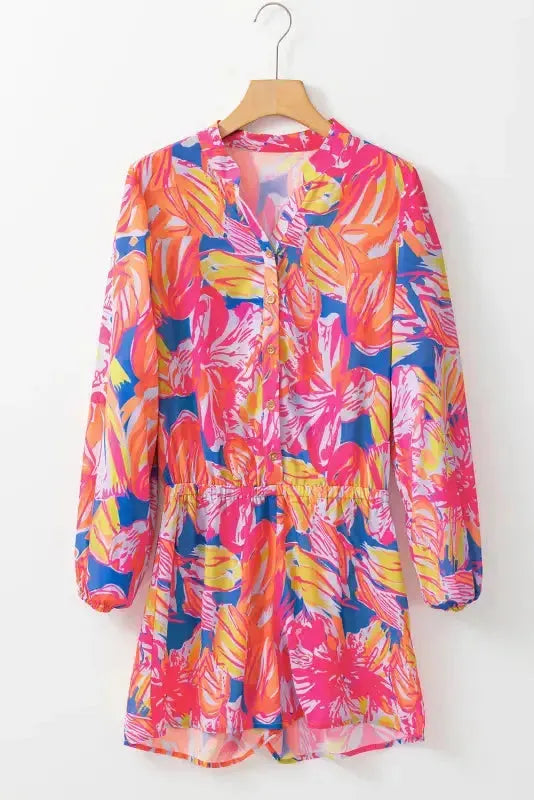Multicolor Bold Graffiti Print Shirt Button Romper - Fashionfitz