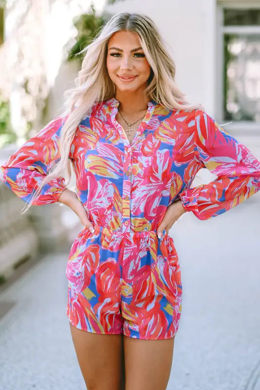 Multicolor bold graffiti print shirt button romper - s / 100% polyester - bottoms