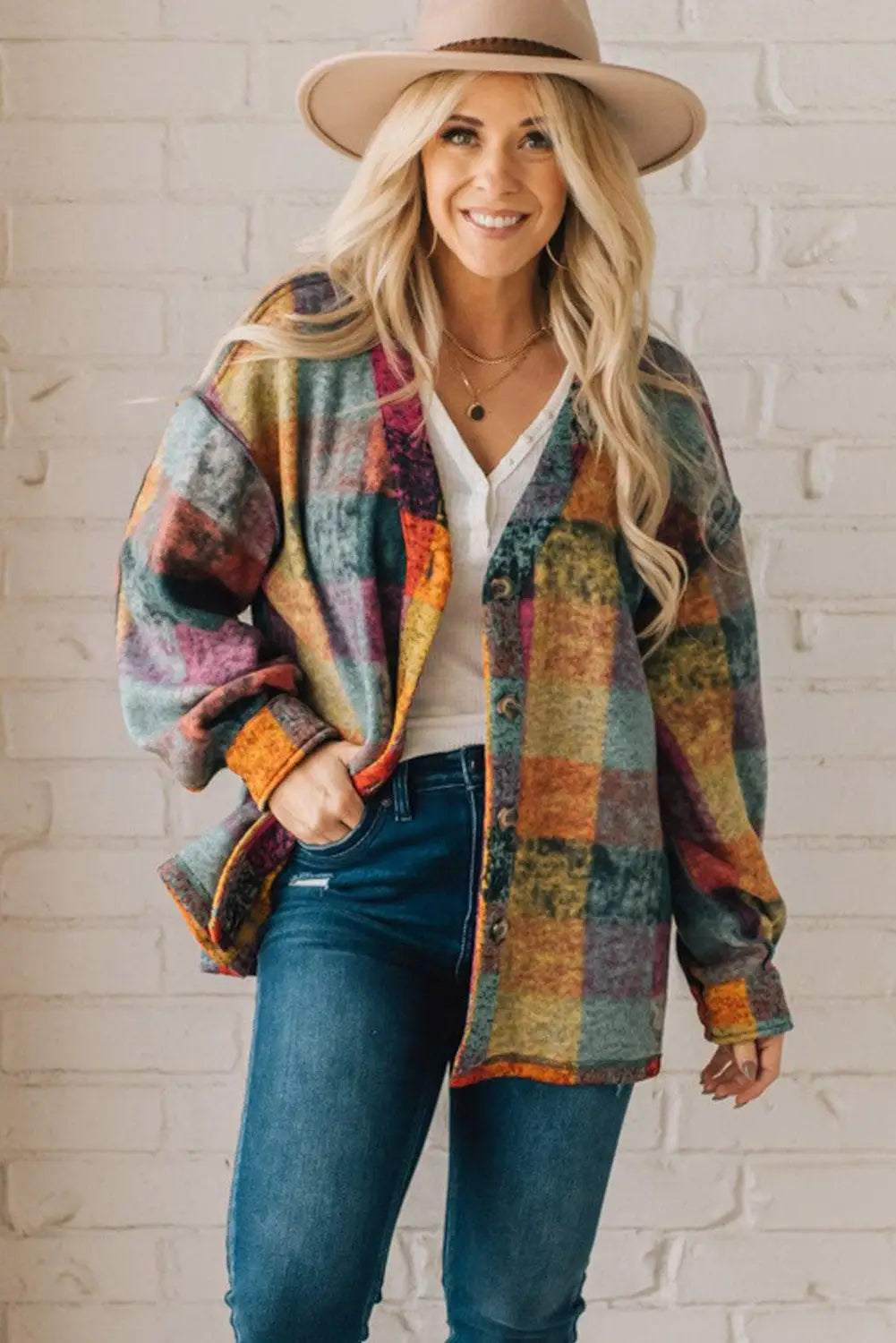 Multicolor brushed checked western buttoned jacket - jackets
