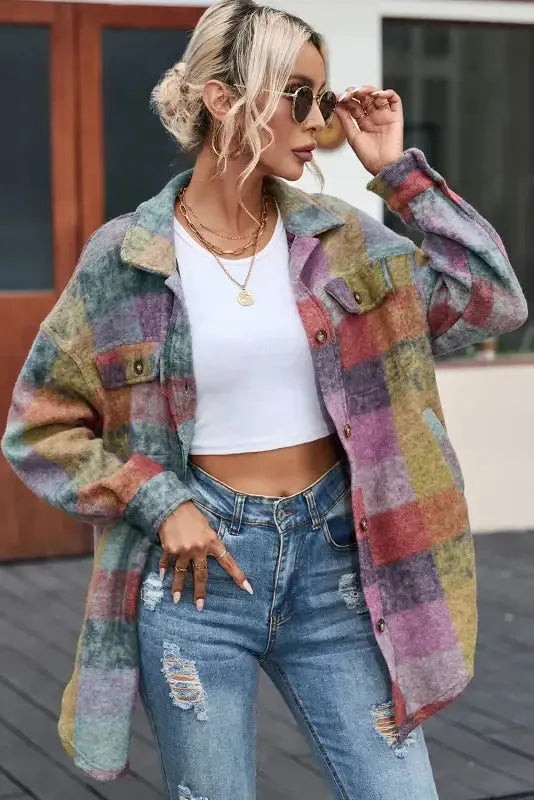 Multicolor Brushed Plaid Pocketed Oversize Shacket - Fashionfitz