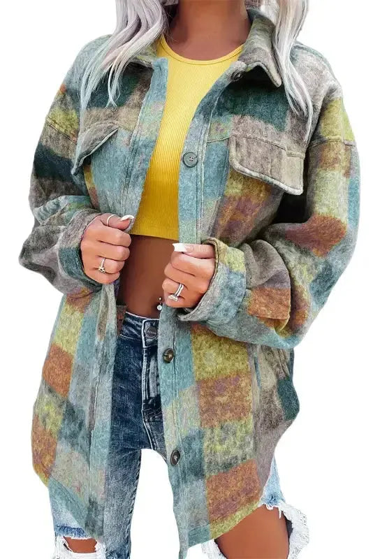Multicolor Brushed Plaid Pocketed Oversize Shacket - Fashionfitz