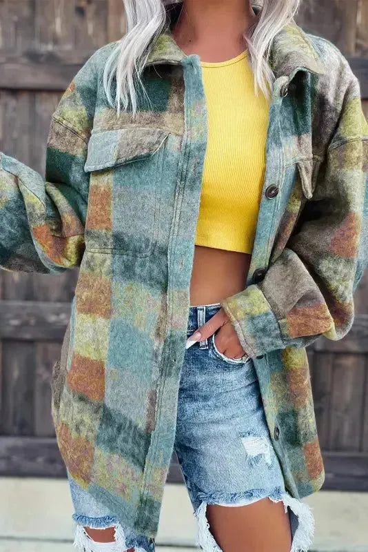 Multicolor Brushed Plaid Pocketed Oversize Shacket - Fashionfitz