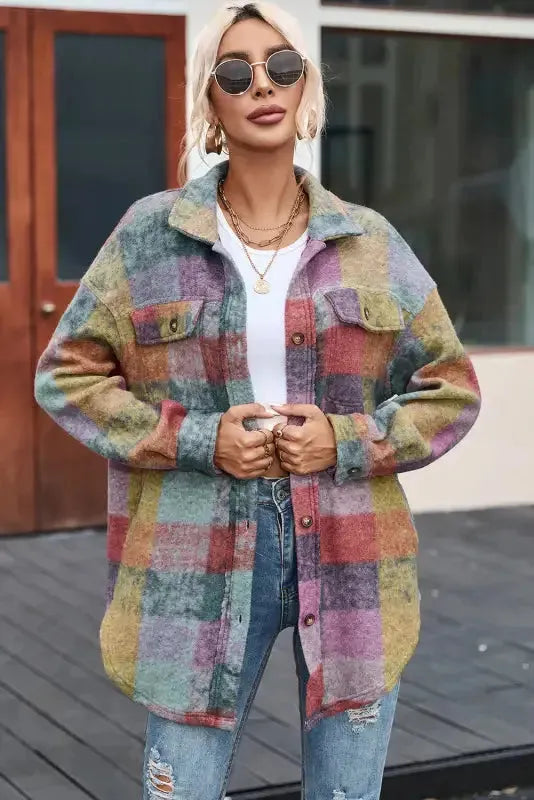 Multicolor Brushed Plaid Pocketed Oversize Shacket - Fashionfitz