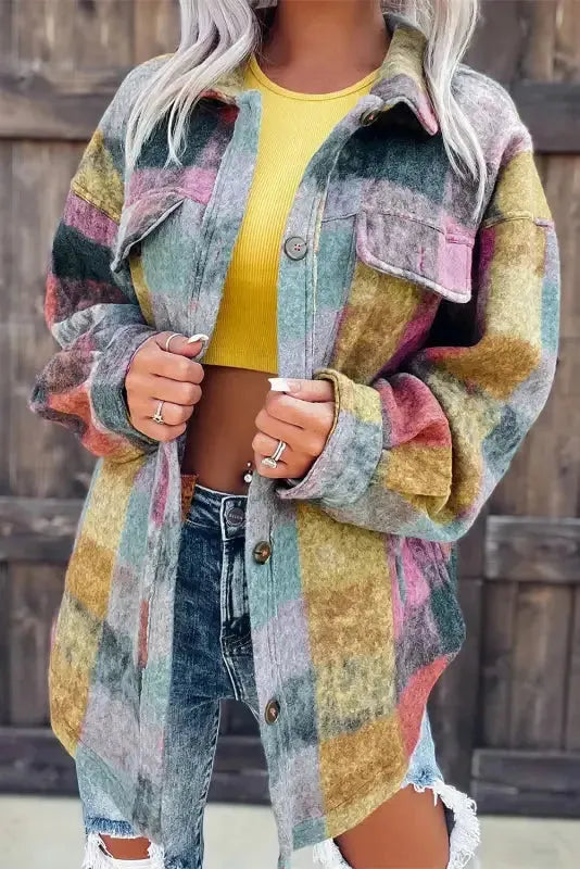 Multicolor Brushed Plaid Pocketed Oversize Shacket - Fashionfitz